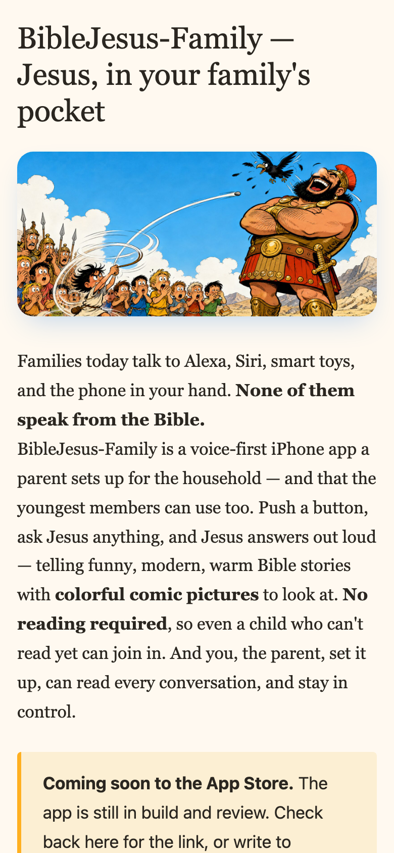 BibleJesus family page on iPhone, illustrated voice-narrated Bible stories for children.