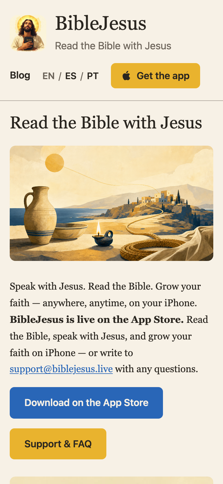 BibleJesus home page on iPhone, a warm book-like Bible reading companion.